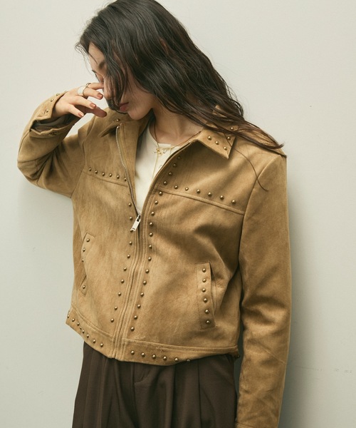 【美品】ドゥロワー　ライダース　ブルゾン　フォックス　スウェードトリム　36 カバーオール Studs trim suede drizzler / スタッズトリムスエード