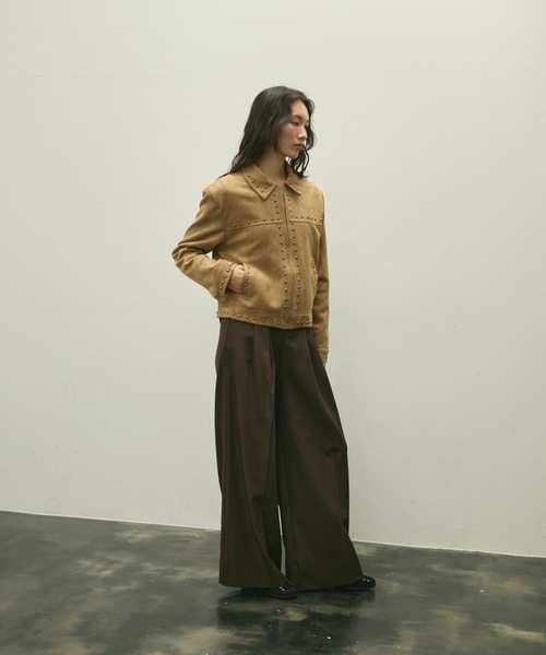 カバーオール Studs trim suede short jacket / スタッズトリム