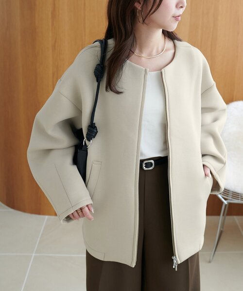 新品タグ付✨ボールジィ バイカラー配色 カーディガン ノーカラー モノトーン カシミヤ混／バイカラー】ゆるシルエットニットカーディガン