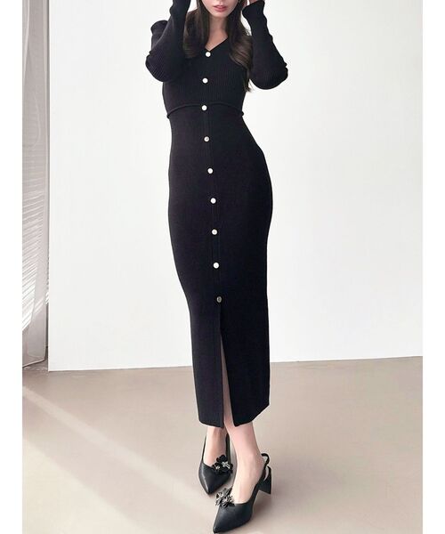 LV タイト ニット ワンピース RESEXXY（リゼクシー） ワンピース ゴールドボタンタイトニット