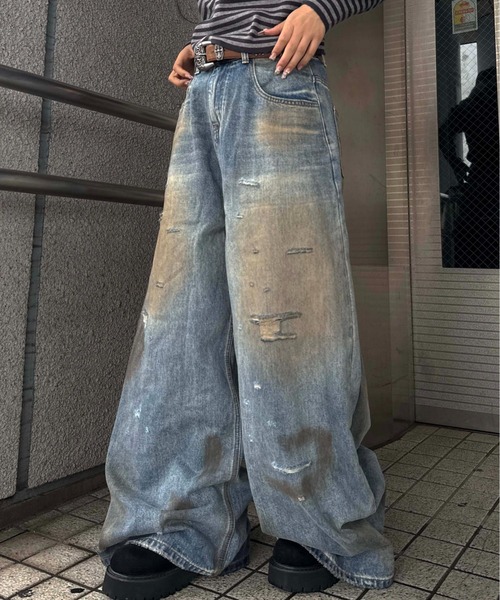 ワイドパンツ ジーンズ 汚れ加工ダメージデニム メンズ レディース 
