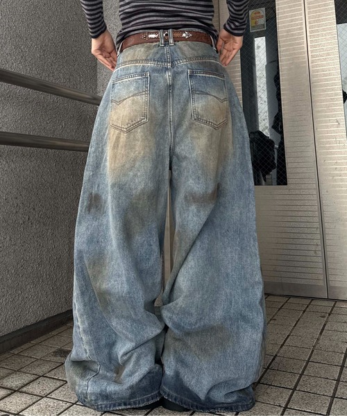 ワイドパンツ ジーンズ 汚れ加工ダメージデニム メンズ レディース