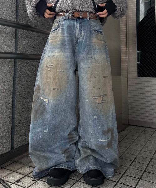 汚れた仕上げのワイドレッグデニムパンツ ジーンズ 汚れ加工ダメージデニム メンズ レディース : ZOZOTOWN Yahoo