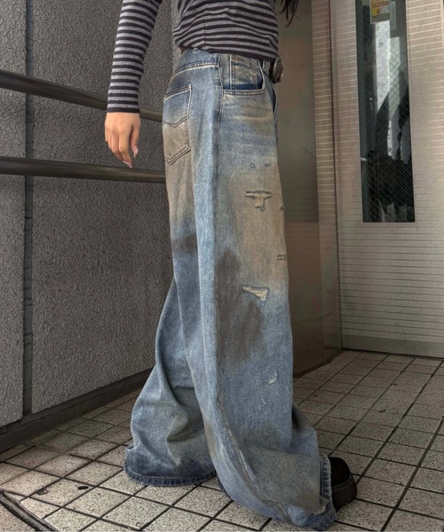 ダメージ加工 ワイドレッグデニム ワイドパンツ ジーンズ 汚れ加工ダメージデニム メンズ レディース