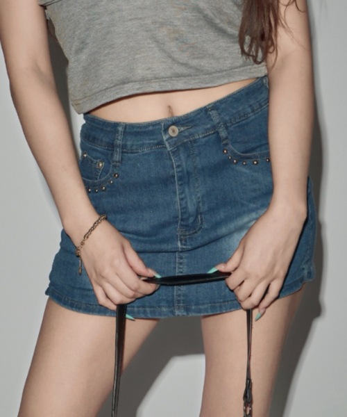 CeLess デニムスカート Denim Studded Mini Skirt Pants / デニム