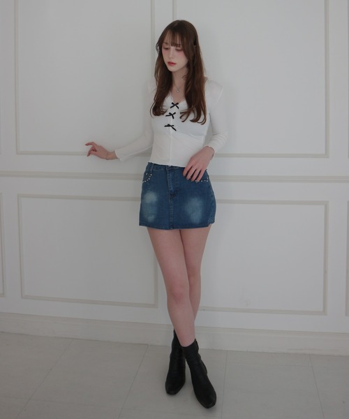 CeLess デニムスカート Denim Studded Mini Skirt Pants / デニム
