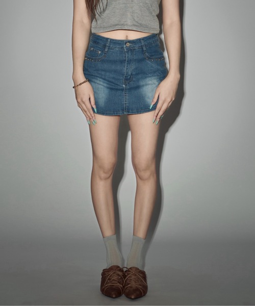 CeLess デニムスカート Denim Studded Mini Skirt Pants / デニム