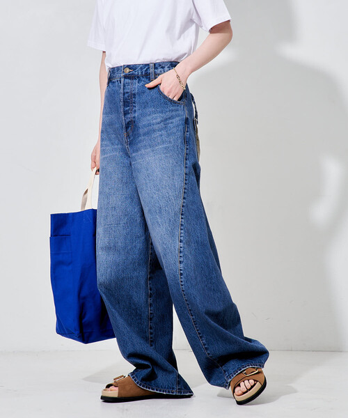 ワイドパンツ ジーンズ デニム デニムパンツ シンチバックデニムパンツ/ワイドデニムパンツ レディースの画像