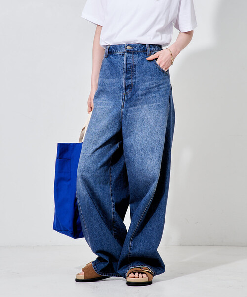 ワイドパンツ ジーンズ デニム デニムパンツ シンチバックデニムパンツ/ワイドデニムパンツ レディースの画像