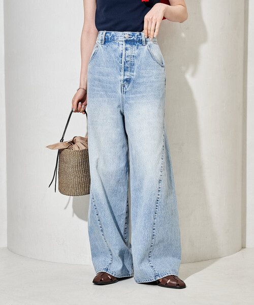 ワイドパンツ ジーンズ デニム デニムパンツ シンチバックデニムパンツ/ワイドデニムパンツ レディースの画像