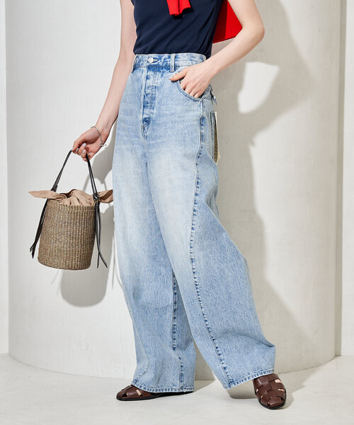 ワイドパンツ ジーンズ デニム デニムパンツ シンチバックデニムパンツ/ワイドデニムパンツ レディースの画像