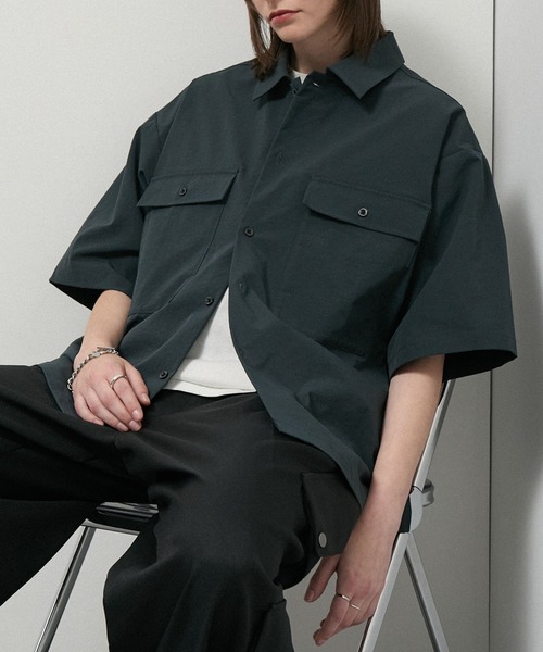 ARCHIVIO 半袖シャツ 46 黒/と カーキ シャツ 半袖 「Alfred Alex」Textured Utility Military Shirt
