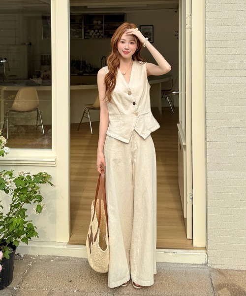 Aelina セットアップ Vネックベスト＆ワイドパンツセットアップ