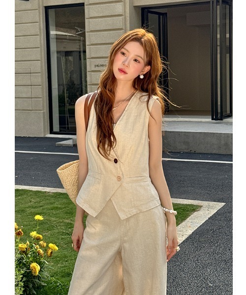 Aelina セットアップ Vネックベスト＆ワイドパンツセットアップ