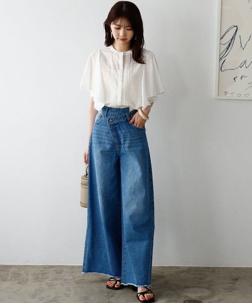 パンツ デニム ジーンズ ウエストデザインワイドデニムパンツ 