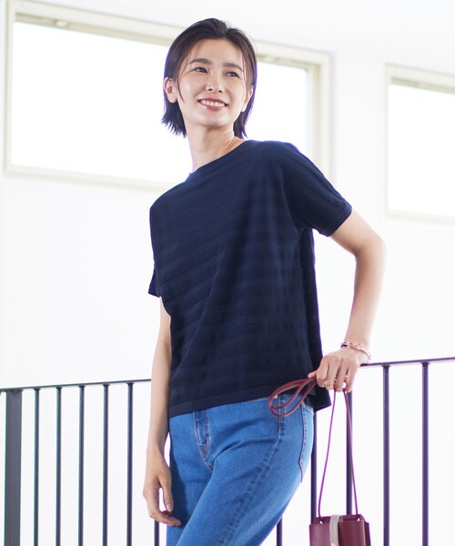 ニット セーター 「洗える・抗菌防臭」Pattern シャドーボーダー ニット Tシャツ レディース