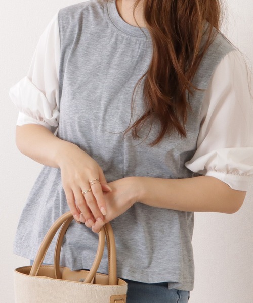 Lace Ladies シャツ ブラウス 5分袖フェイクレイヤードドッキング 