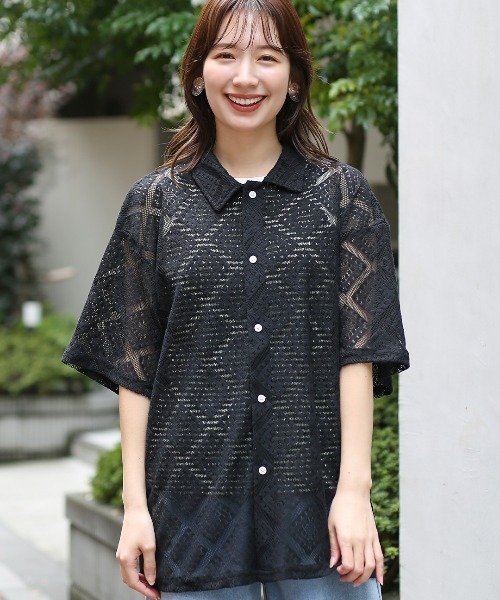 透かし編み半袖シャツ ／ シャツ トップス 羽織り レディース メンズ ユニセックス 春 夏 半端袖 レース メッシュ 透け感 ビッグシルエット オーバーサイズ チチカカ シャツ 透かし編み半袖シャツ「ユニセックス」 メンズ