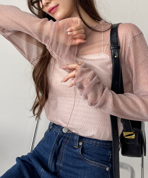 Ada. tシャツ ラメチュール 袖口シャーリング シアー ハイネック