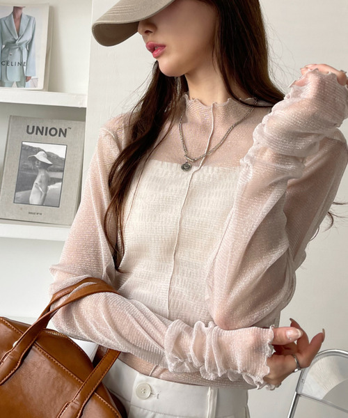 【新品未使用】anuans チュールシアーハイネックラメトップス　BROWN Ada. tシャツ ラメチュール 袖口シャーリング シアー ハイネック