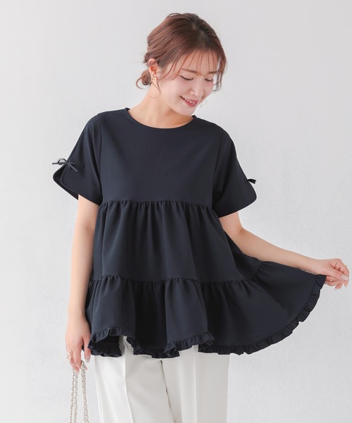 未使用　Fit more　zozo限定　ティアードトップス　スリットスリーブ　F セール】【ZOZO限定アイテム】スリットスリーブ裾フリル