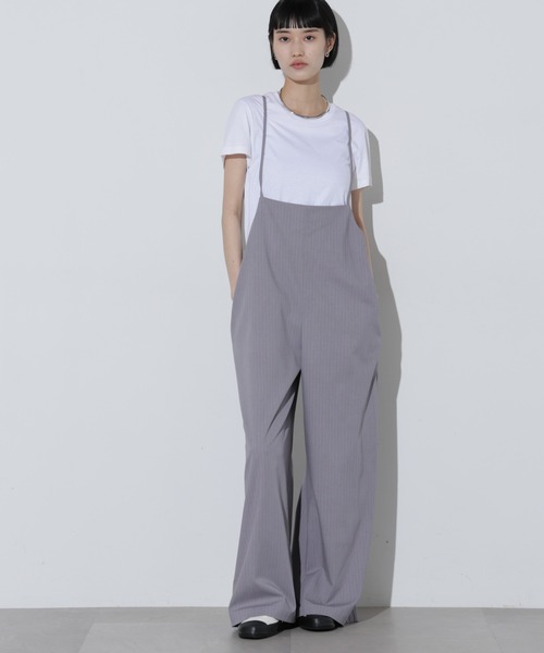 日本未入荷 KUOSE★ストライプ切り替え サロペットワイドパンツ オールインワン ロング ワイドパンツ リゾート レディース