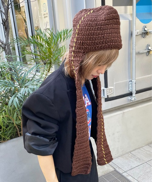 ニット帽 ニットキャップ 「HIKA」ステッチ入り耳付きニットCAP