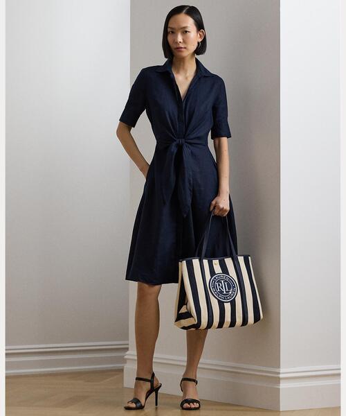 LAUREN RALPH LAUREN ストライプ ヘリンボーン トート セール】ストライプド ヘリンボーン ラージ Emerie トート