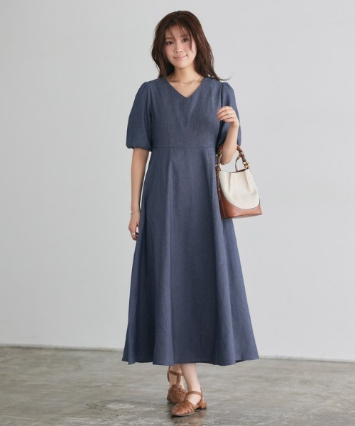 ATELIER PIERROTトワルドジュイ柄 ひざ丈ワンピース パフスリーブ Pierrot（ピエロ） ワンピース 半袖 シャンブレーパフスリーブ