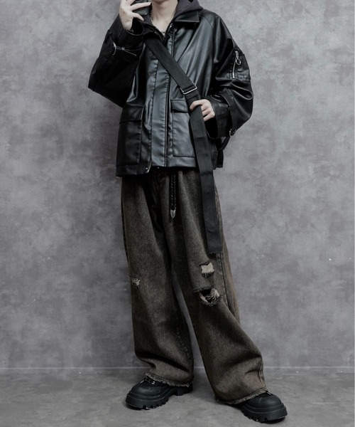 「PLAN To」 ダメージ加工デニムパンツ MEDIUM ブラウン メンズ
