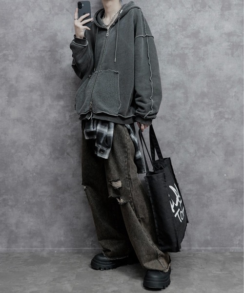 「PLAN To」 ダメージ加工デニムパンツ MEDIUM ブラウン メンズ