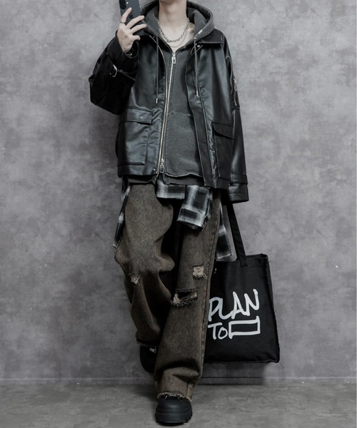 「PLAN To」 ダメージ加工デニムパンツ MEDIUM ブラウン メンズ