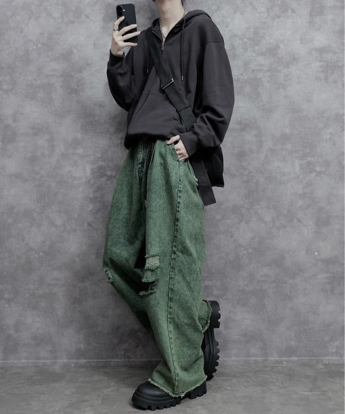「PLAN To」 ダメージ加工デニムパンツ MEDIUM ブラウン メンズ