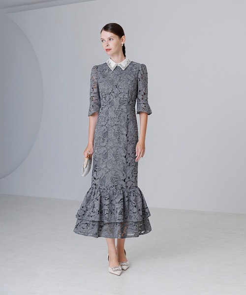 Leja ドレスワンピース グレー Leja（レジャ） ドレス 「LEJA」ビジューカラーフラワーフリル