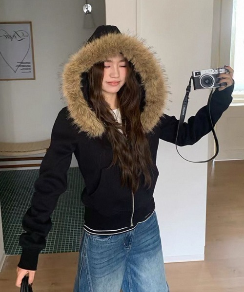 GEMEDA パーカー フェイクファーフード付きジップパーカー レディース