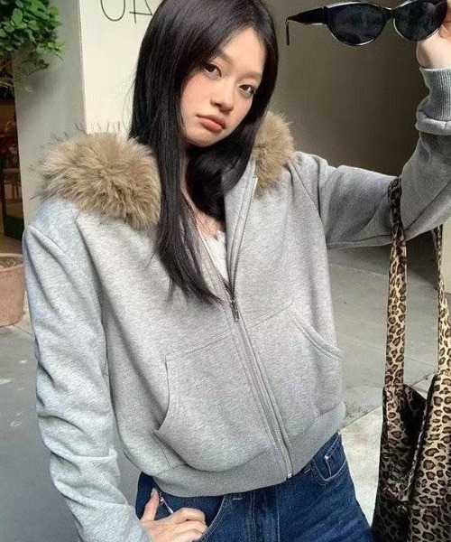 GEMEDA パーカー フェイクファーフード付きジップパーカー レディース