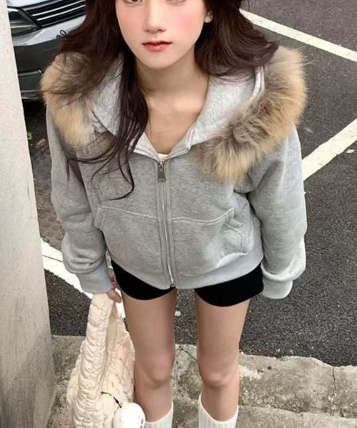 GEMEDA パーカー フェイクファーフード付きジップパーカー レディース