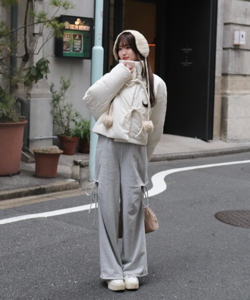 にこ：2wayリボンダウン ダウンコート ダウンジャケット 2WAYリボンスリーブ中綿ジャケット