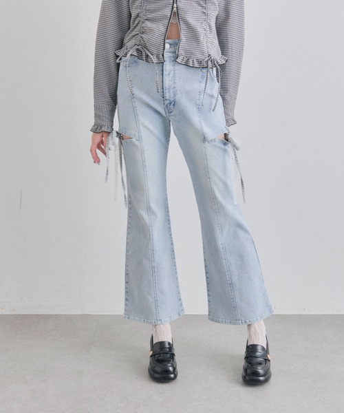 ジーンズ デニム デニムパンツ 「2サイズ展開/ウエスト調節可」サイドスリットリボンストレッチパンツ レディースの画像