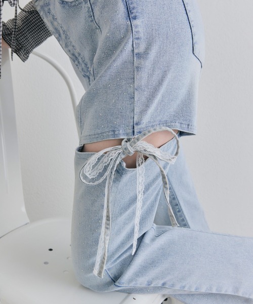 ジーンズ デニム デニムパンツ 「2サイズ展開/ウエスト調節可」サイドスリットリボンストレッチパンツ レディースの画像
