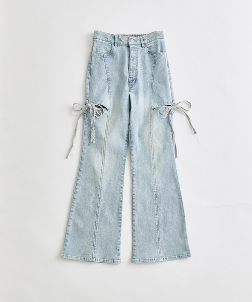 ジーンズ デニム デニムパンツ 「2サイズ展開/ウエスト調節可」サイドスリットリボンストレッチパンツ レディースの画像