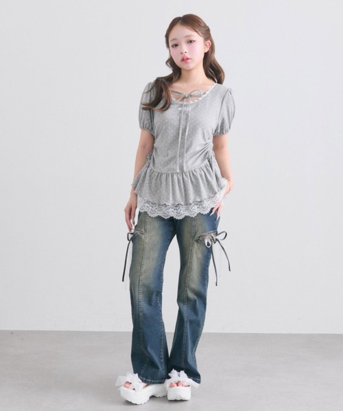 ジーンズ デニム デニムパンツ 「2サイズ展開/ウエスト調節可」サイドスリットリボンストレッチパンツ レディースの画像