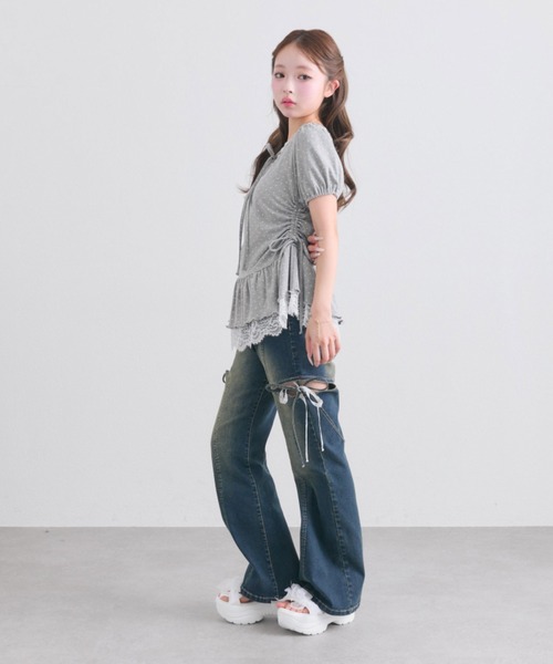 ジーンズ デニム デニムパンツ 「2サイズ展開/ウエスト調節可」サイドスリットリボンストレッチパンツ レディースの画像