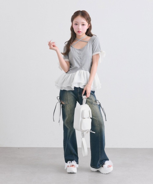 ジーンズ デニム デニムパンツ 「2サイズ展開/ウエスト調節可」サイドスリットリボンストレッチパンツ レディースの画像