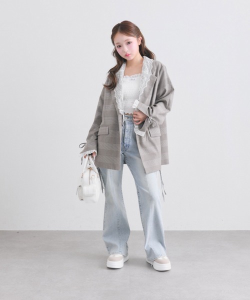 ジーンズ デニム デニムパンツ 「2サイズ展開/ウエスト調節可」サイドスリットリボンストレッチパンツ レディースの画像