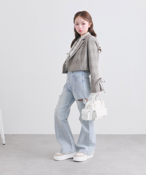 ジーンズ デニム デニムパンツ 「2サイズ展開/ウエスト調節可」サイドスリットリボンストレッチパンツ レディースの画像