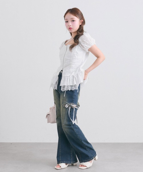 ジーンズ デニム デニムパンツ 「2サイズ展開/ウエスト調節可」サイドスリットリボンストレッチパンツ レディースの画像