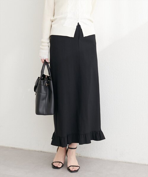 natural couture ロング スカート 裾フリルストレッチナロースカート