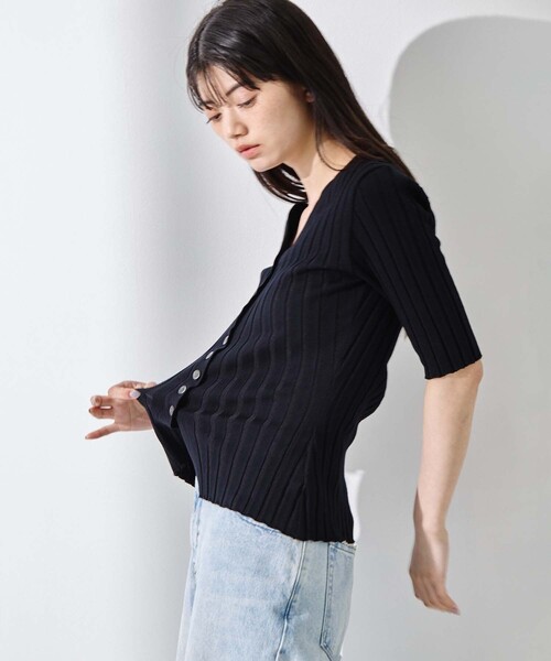 カーディガン 「STUDIOUS/ステュディオス」Silk Viscose Wide Rib Cardigan/シルクビスコースリブカーディガンの画像