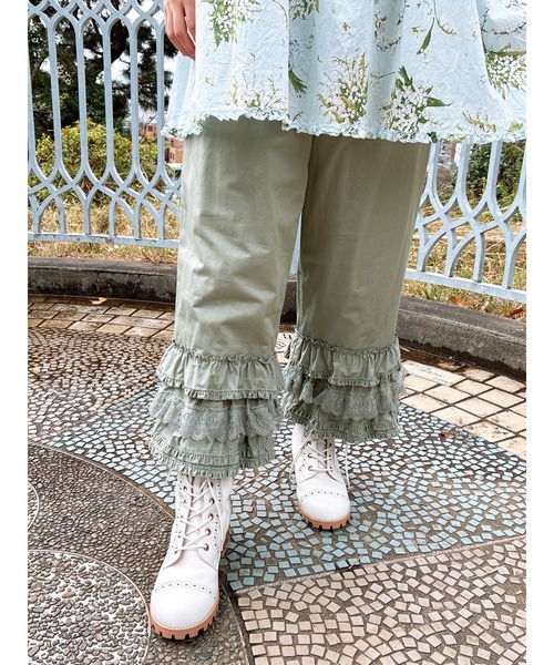 ピンクハウス　フリル付きデニムパンツ　グレー系　フリル　グリーン系　S　美品 PINK HOUSE（ピンクハウス） ワイドパンツ パンツ 裾フリル使いパンツ